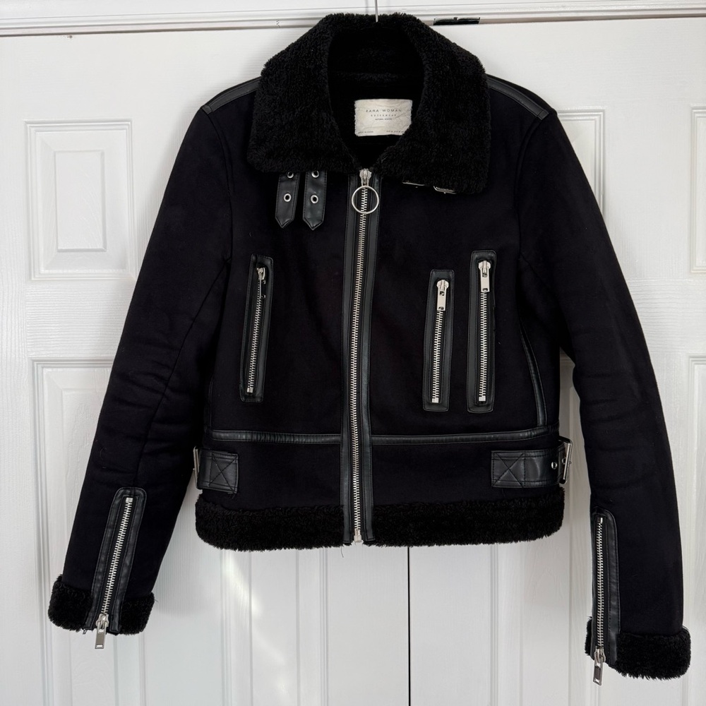 Zara Black Faux Suede Shearling Biker Jacket, Size Medium